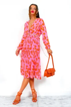 The Pleat Goes On - Pink Orange Animal Print Pleated Midi Dress