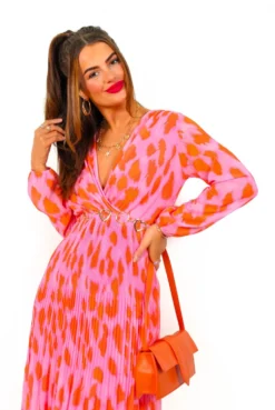 The Pleat Goes On - Pink Orange Animal Print Pleated Midi Dress -Glamoros Clothing Shop ThePleatGoesOn PinkOrangeAnimalPrintPleatedMidiDress 3
