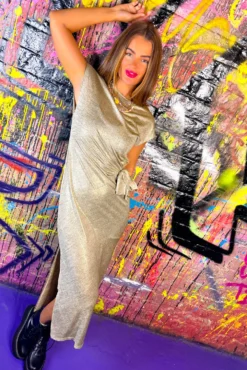 Tie-Breaker - Gold Metallic Tie Waist Midi Dress