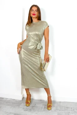 Tie-Breaker - Gold Metallic Tie Waist Midi Dress -Glamoros Clothing Shop Tie Breaker GoldMetallicTieWaistMidiDress 1