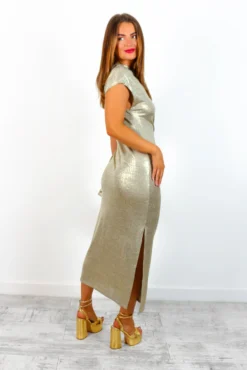 Tie-Breaker - Gold Metallic Tie Waist Midi Dress -Glamoros Clothing Shop Tie Breaker GoldMetallicTieWaistMidiDress 2