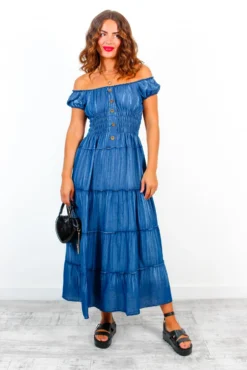 Tiered Of This - Blue Chambray Tiered Midi Dress -Glamoros Clothing Shop TieredOfThis BlueChambrayTieredMidiDress 2