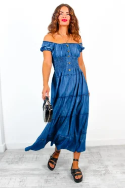Tiered Of This - Blue Chambray Tiered Midi Dress -Glamoros Clothing Shop TieredOfThis BlueChambrayTieredMidiDress 4