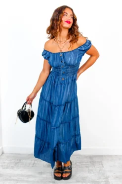 Tiered Of This - Blue Chambray Tiered Midi Dress -Glamoros Clothing Shop TieredOfThis BlueChambrayTieredMidiDress 5