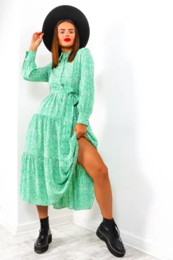 Tiers Of Green - Midi Shirt Dress -Glamoros Clothing Shop TiersofGreen MidiSmockDress 4