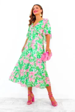 Timeless - Green Pink Animal Pleated Maxi Dress -Glamoros Clothing Shop Timeless GreenPinkAnimalPleatedMaxiDress 2