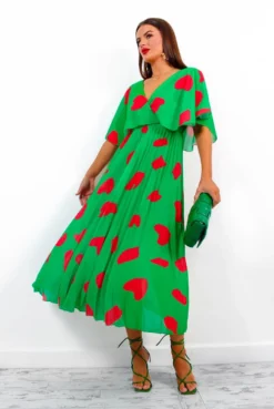 Timeless - Green Red Printed Pleated Maxi Dress -Glamoros Clothing Shop Timeless GreenRedPrintedPleatedMaxiDress4