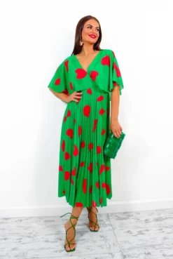Timeless - Green Red Printed Pleated Maxi Dress -Glamoros Clothing Shop Timeless GreenRedPrintedPleatedMaxiDress7