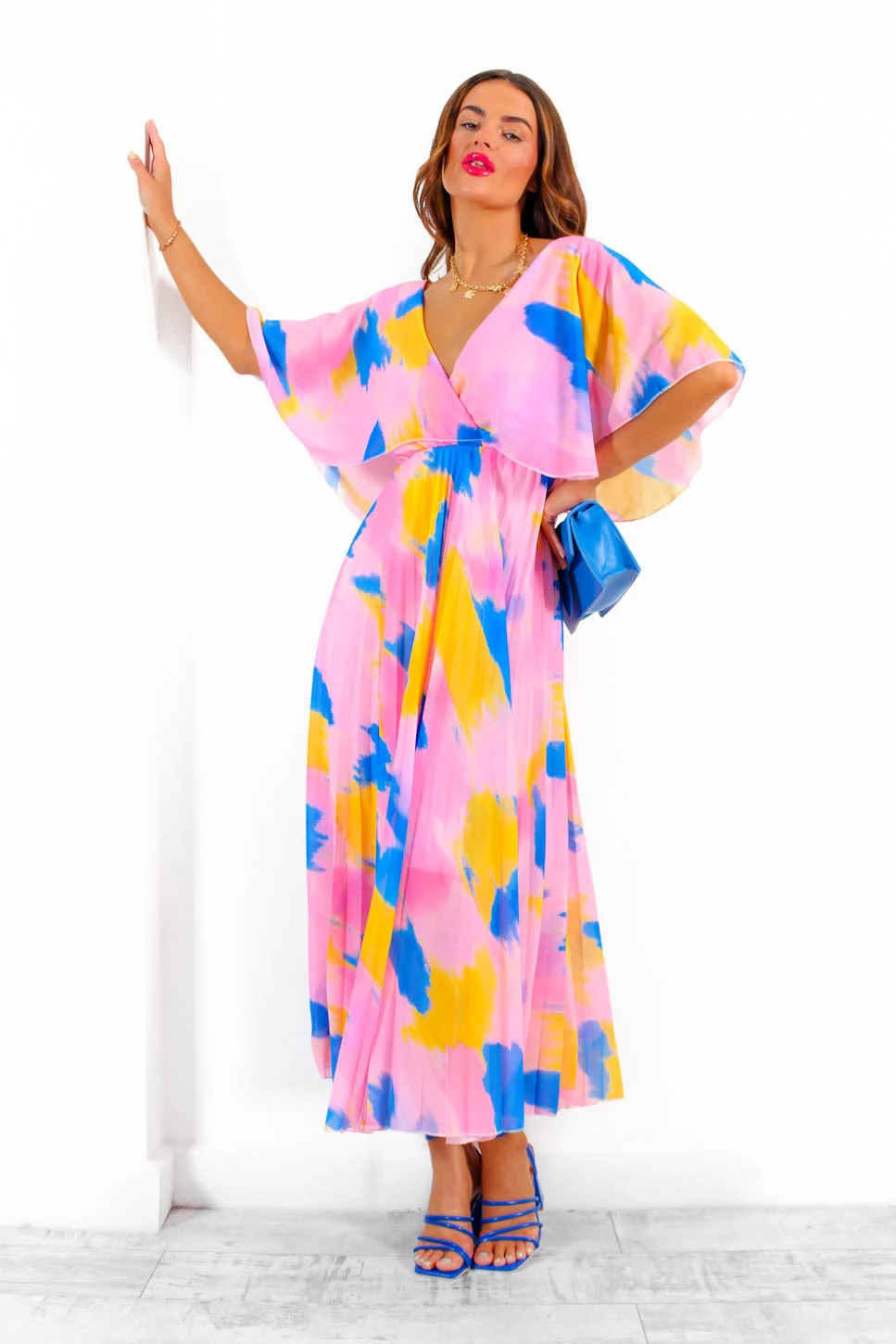 Timeless - Pink Blue Orange Abstract Pleated Maxi Dress 1 Timeless - Pink Blue Orange Abstract Pleated Maxi Dress