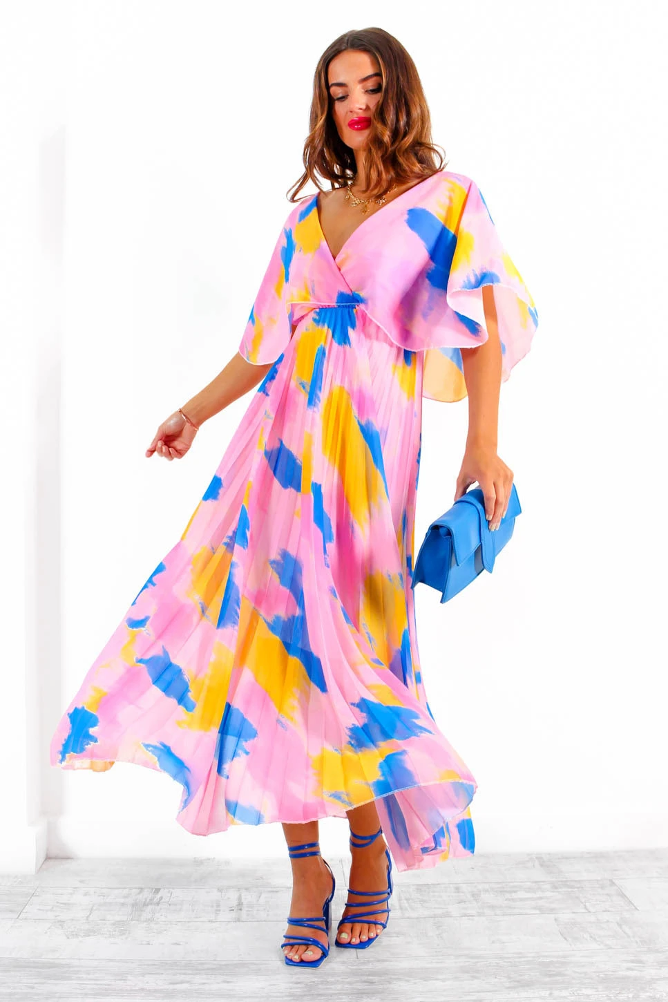 Timeless - Pink Blue Orange Abstract Pleated Maxi Dress 6 Timeless - Pink Blue Orange Abstract Pleated Maxi Dress - Image 6