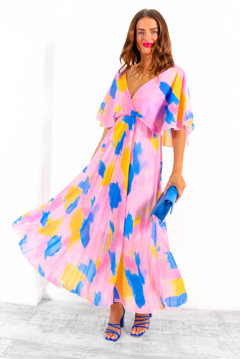 Timeless - Pink Blue Orange Abstract Pleated Maxi Dress 3 Timeless - Pink Blue Orange Abstract Pleated Maxi Dress - Image 3