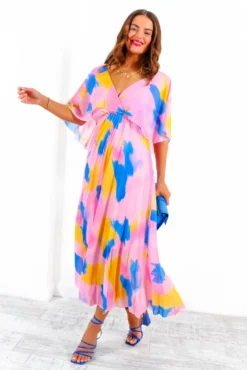 Timeless - Pink Blue Orange Abstract Pleated Maxi Dress 10 Timeless - Pink Blue Orange Abstract Pleated Maxi Dress -Glamoros Clothing Shop Timeless PinkBlueOrangeAbstractPleatedMaxiDress 9