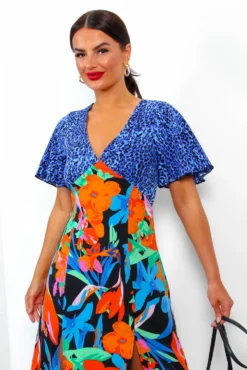 Together Forever - Blue Orange Floral Animal Midi Dress -Glamoros Clothing Shop TogetherForever BlueOrangeFloralAnimalMidiDress 2
