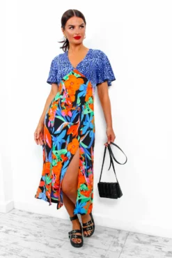 Together Forever - Blue Orange Floral Animal Midi Dress