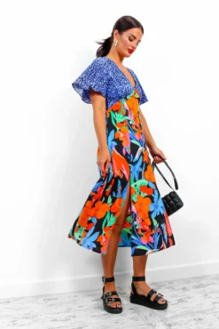 Together Forever - Blue Orange Floral Animal Midi Dress -Glamoros Clothing Shop TogetherForever BlueOrangeFloralAnimalMidiDress 7