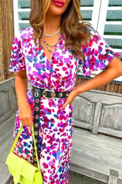 Glamoros Clothing Shop -Glamoros Clothing Shop Totally Frilling Purple Multi Spotted Midi Dress 5679