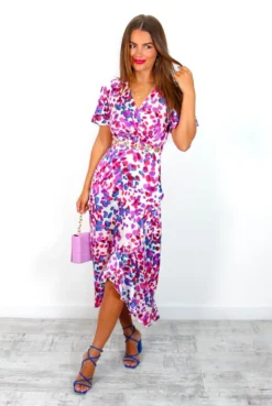 Totally Frilling - Purple Multi Spotted Midi Dress -Glamoros Clothing Shop TotallyFrilling PurpleMultiSpottedMidiDress 1