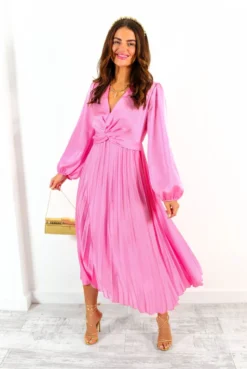 Twist Of Fate - Pink Twist Front Pleated Midi Dress -Glamoros Clothing Shop TwistOfFate PinkTwistFrontPleatedMidiDress 2