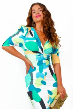 Twisting The Truth - Green Orange Abstract Twist Front Midi Dress -Glamoros Clothing Shop TwistingTheTruth GreenOrangeAbstractTwistFrontMidiDress 3