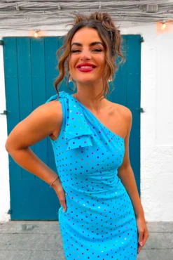 Upgrade You - Turquoise Multi Spot One Shoulder Maxi Dress -Glamoros Clothing Shop Upgrade You Turquoise Multi Spot One Shoulder Maxi Dress