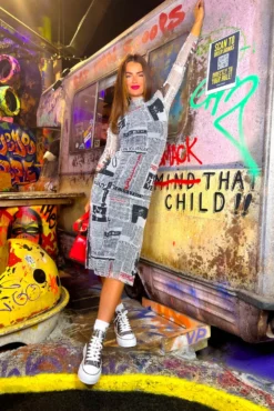 Utterly Obsessed - Black White Newspaper Print Mesh Midi Dress