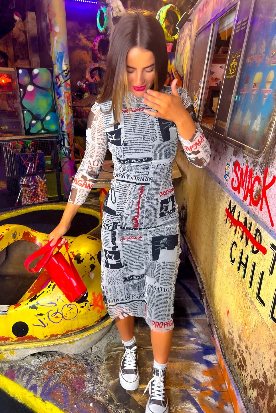 Utterly Obsessed - Black White Newspaper Print Mesh Midi Dress 2 Utterly Obsessed - Black White Newspaper Print Mesh Midi Dress - Image 2