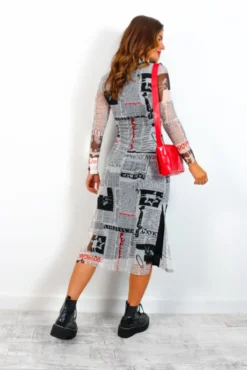 Utterly Obsessed - Black White Newspaper Print Mesh Midi Dress 15 Utterly Obsessed - Black White Newspaper Print Mesh Midi Dress -Glamoros Clothing Shop UtterlyObsessed BlackWhiteNewspaperPrintMeshMidiDress 6