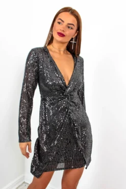 VIP List - Pewter Sequin Deep V-Neck Mini Dress -Glamoros Clothing Shop VIPList PewterSequinDeepV NeckMiniDress3