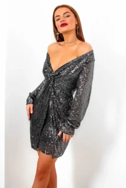 VIP List - Pewter Sequin Deep V-Neck Mini Dress -Glamoros Clothing Shop VIPList PewterSequinDeepV NeckMiniDress5