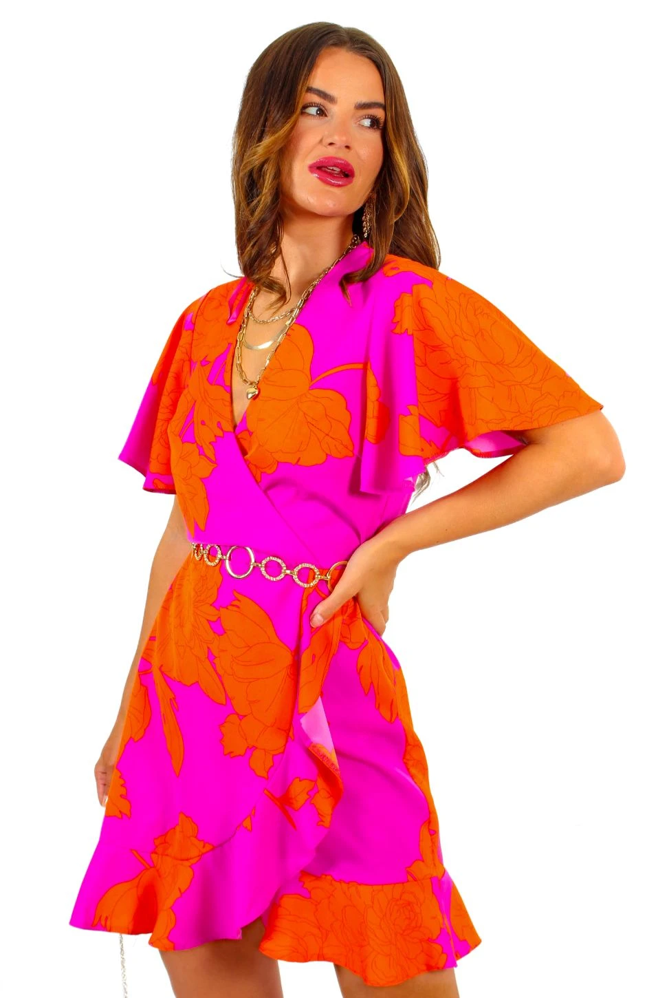 AX Paris Waiting For You - Pink Orange Floral Mini Wrap Dress 2 AX Paris Waiting For You - Pink Orange Floral Mini Wrap Dress - Image 2