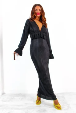 Waiting For Your Love - Black Plunge Plisse Midi Dress