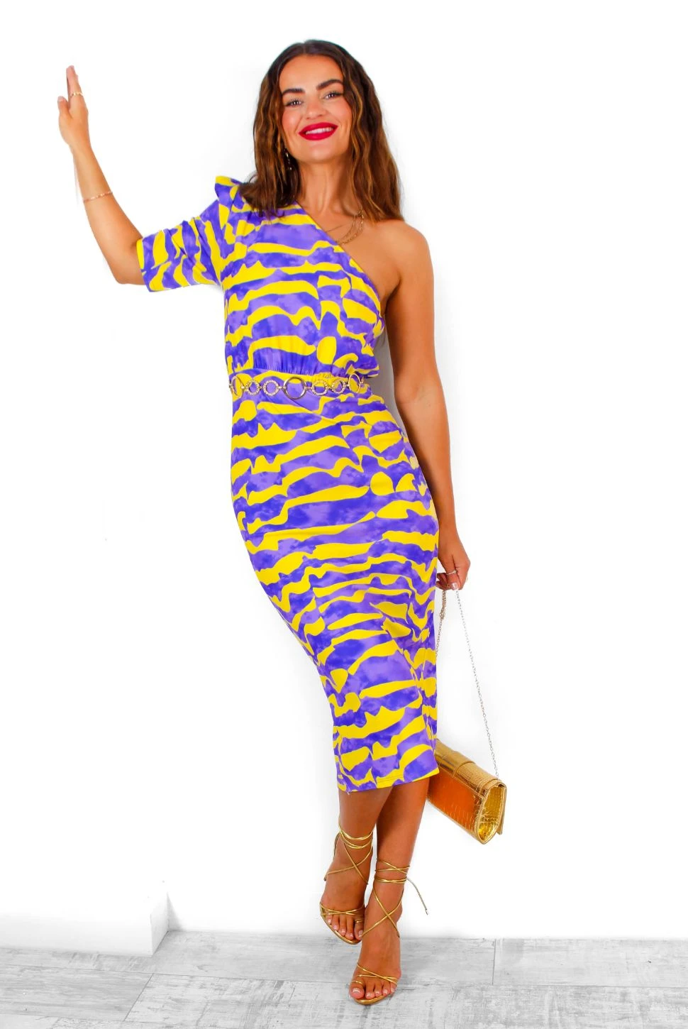 Wanderin Free - Lilac Yellow Abstract One Shoulder Midi Dress 3 Wanderin Free - Lilac Yellow Abstract One Shoulder Midi Dress - Image 3