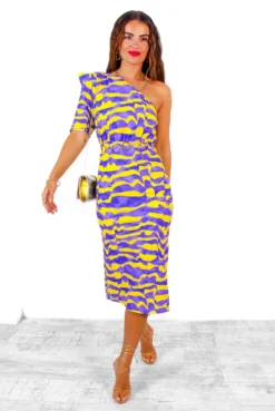 New Release -Glamoros Clothing Shop Wanderin Free LilacYellowAbstractOneShoulderMidiDress 2