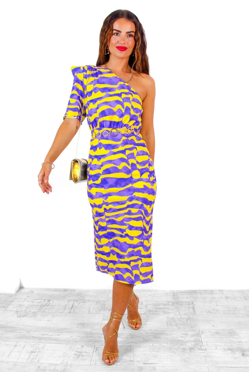 Wanderin Free - Lilac Yellow Abstract One Shoulder Midi Dress 2 Wanderin Free - Lilac Yellow Abstract One Shoulder Midi Dress - Image 2