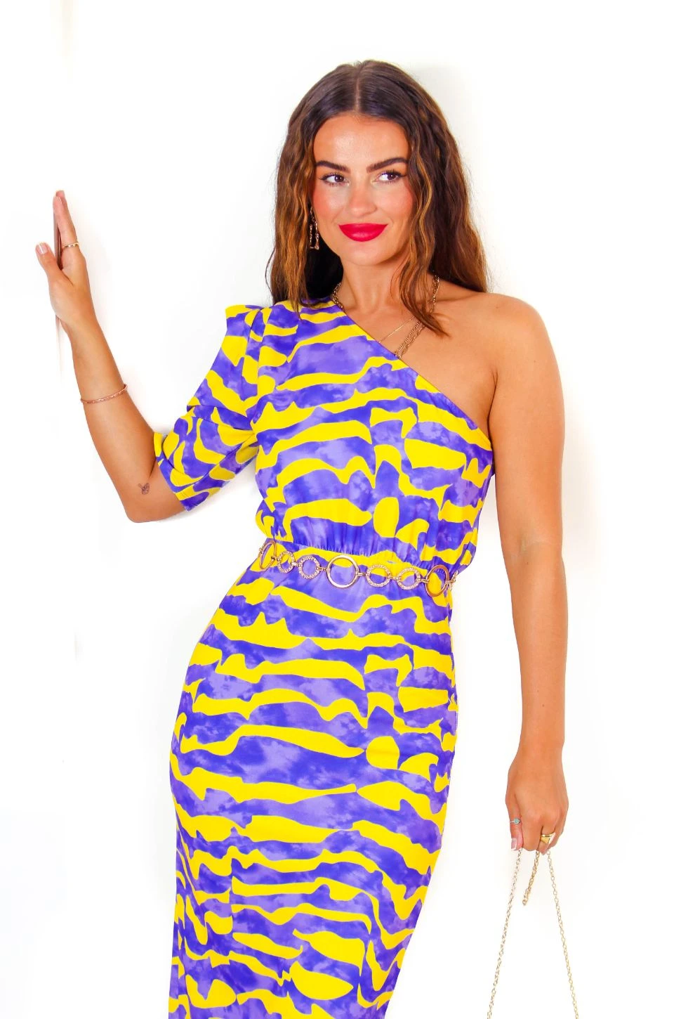 Wanderin Free - Lilac Yellow Abstract One Shoulder Midi Dress 5 Wanderin Free - Lilac Yellow Abstract One Shoulder Midi Dress - Image 5