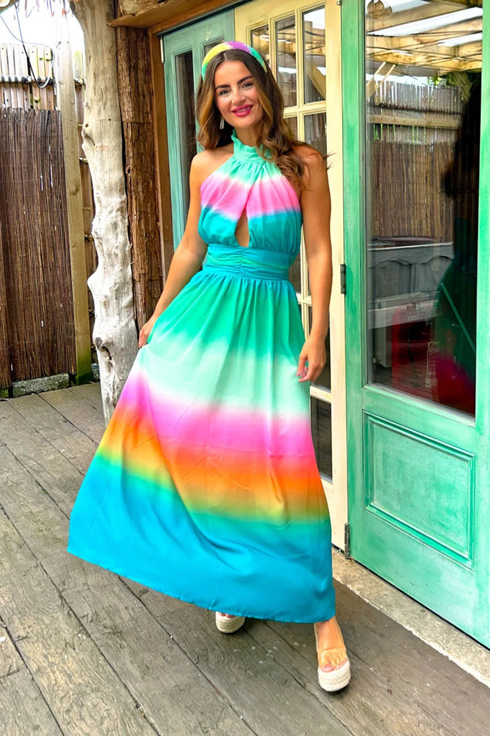 Want Hue Back - Green Pink Ombre Halter Neck Maxi Dress 1 Want Hue Back - Green Pink Ombre Halter Neck Maxi Dress