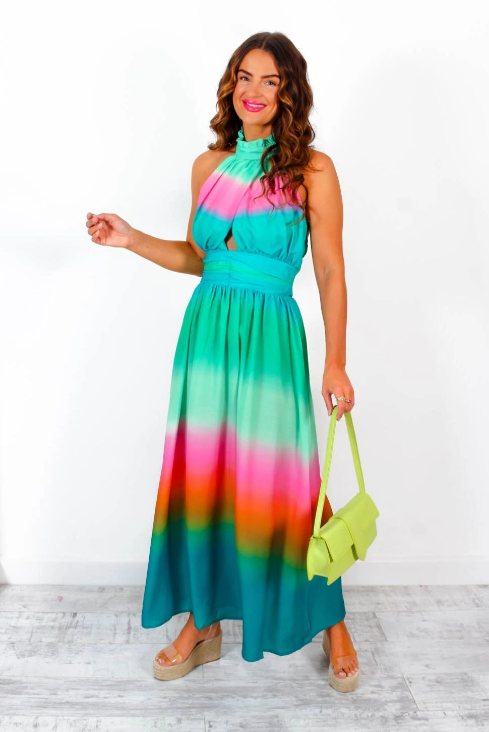 Want Hue Back - Green Pink Ombre Halter Neck Maxi Dress 2 Want Hue Back - Green Pink Ombre Halter Neck Maxi Dress - Image 2