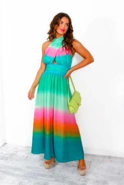 Want Hue Back - Green Pink Ombre Halter Neck Maxi Dress 10 Want Hue Back - Green Pink Ombre Halter Neck Maxi Dress -Glamoros Clothing Shop WantHueBack GreenPinkOmbreHalterNeckMaxiDress 2