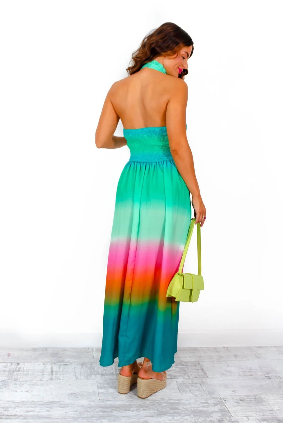 Want Hue Back - Green Pink Ombre Halter Neck Maxi Dress 3 Want Hue Back - Green Pink Ombre Halter Neck Maxi Dress - Image 3
