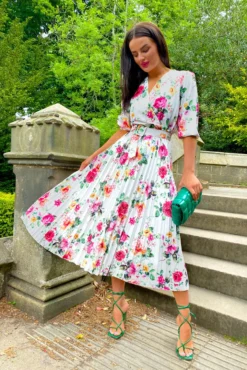 Watch Her Bloom - White Floral Pleated Midi Dress