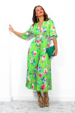 Watch Her Bloom - Green Floral Pleated Midi Dress -Glamoros Clothing Shop WatchHerBloom GreenFloralPleatedMidiDress3