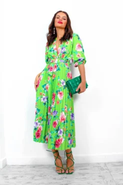 Watch Her Bloom - Green Floral Pleated Midi Dress -Glamoros Clothing Shop WatchHerBloom GreenFloralPleatedMidiDress5