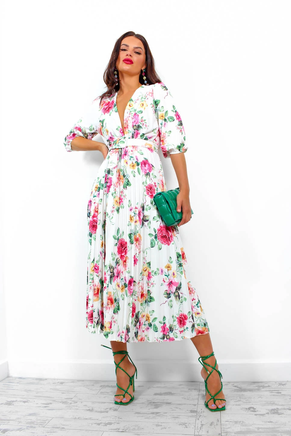 Watch Her Bloom - White Floral Pleated Midi Dress 2 Watch Her Bloom - White Floral Pleated Midi Dress - Image 2