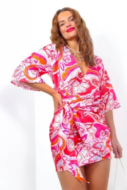 What A Breeze - Hot Pink Print Wrap Dress -Glamoros Clothing Shop WhatABreeze HotPinkPrintWrapDress1
