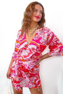 What A Breeze - Hot Pink Print Wrap Dress