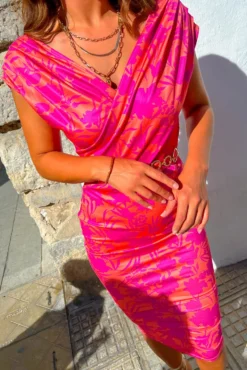 What's Not To Love? - Pink Orange Floral Bodycon Midi Dress -Glamoros Clothing Shop What s Not To Love Pink Orange Floral Bodycon Midi Dress