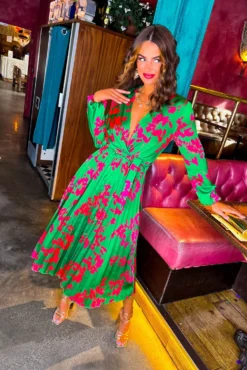 Whisk You Away - Green Pink Floral Pleated Midi Dress