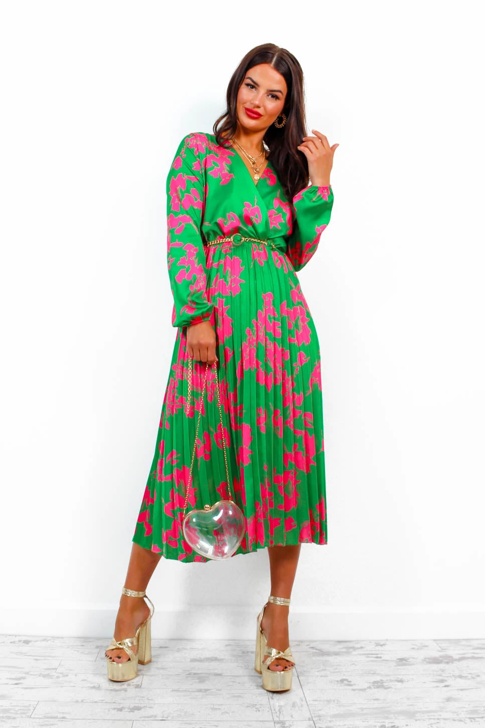 Whisk You Away - Green Pink Floral Pleated Midi Dress 2 Whisk You Away - Green Pink Floral Pleated Midi Dress - Image 2