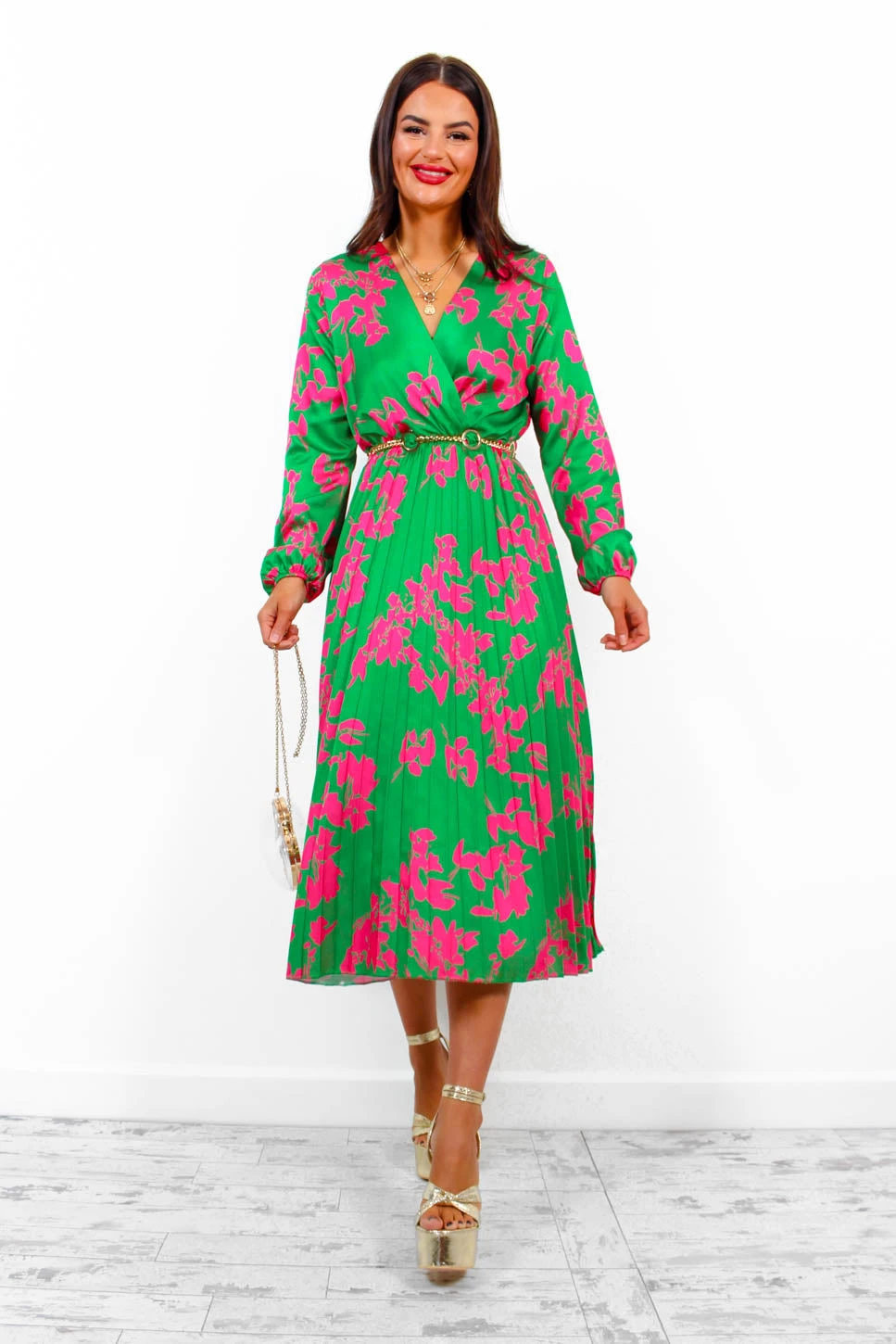 Whisk You Away - Green Pink Floral Pleated Midi Dress 7 Whisk You Away - Green Pink Floral Pleated Midi Dress - Image 7