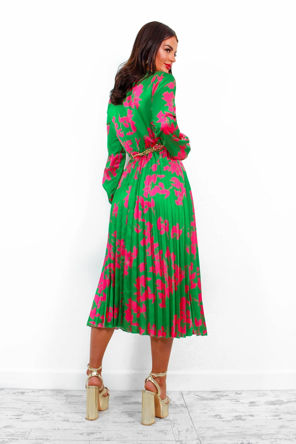 Whisk You Away - Green Pink Floral Pleated Midi Dress 8 Whisk You Away - Green Pink Floral Pleated Midi Dress - Image 8